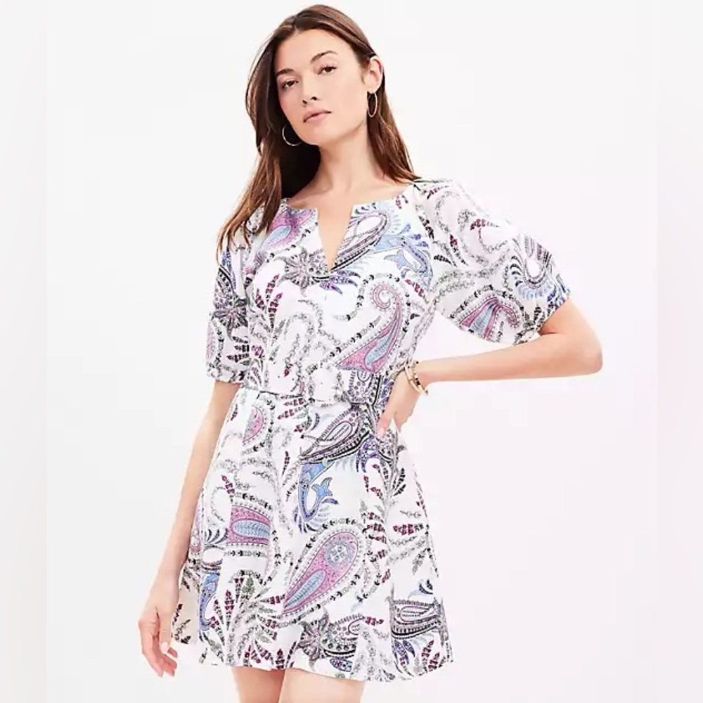 NWT Loft Paisley Print White Summer Dress Lined Belted